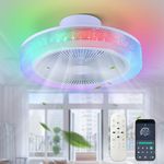 Ceiling Fan Mount for Bedroom: 18 Inch Bladeless Ceiling Fan with Light and Remote for Living Room Kitchen - Low Profile Enclosed Led Fandelier with App RGB 6 Wind Speed Dimmable White