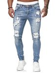 HUNGSON Men's Blue Slim Fit Jeans Stretch Destroyed Ripped Skinny Jeans Side Striped Denim Pants