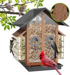 FlowaFoli Bird Feeders for Outdoors, Metal Bird Feeder with Double Suet Cage Weatherproof Metal Roof, 2 in 1 Mixed Seeds Suet Feeder, 4Lbs Large Capacity, Great for Finch、Cardinal、Chickadee��（Brown）