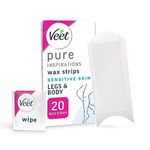 Veet Pure Cold Wax Strips, Legs & Body, Sensitive Skin, 20 Strips, 2 Finish Wipes, Hair Removal, Removes Hair From Root, 28 Days Smoothness, Hypoallergenic Formula (Packaging may vary)