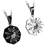 JewelryWe 2pcs Black & Silver Unisex Mens Stainless Steel Necklaces Yin Yang Taiji Eight Diagrams Pendants, Two 22 inch Chains