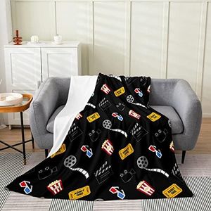 Movie Night Blanket 40x50 Inch Popcorn 3D Glasses Throw Blanket Stereo Film Tape Movie Ticket Fleece Blanket Movie Roll Geometric Black Theatre Fun Food Clapboard Sherpa Blanket