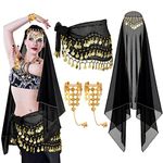 Eurzom 4 Pcs Gypsy Costume Women Belly Dance Outfit Gypsy Accessories Gypsy Head Scarf with Coins Hip Scarf Bracelet(Black)