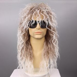 Wallden Hair 80s Rocker Wigs for Men and Women Mullet Wig Long Curly Hair Wig Kiss Wig Perfect for Halloween, Cosplay, DIY Themed Costume Party (Brown with White + Sunglasses)