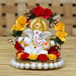 eCraftIndia Resin Lord Ganesha Idol On Decorative Rose Flower Plate- Ganesha Idol for Home Decor Car Dashboard- Ganesha Statue- Ganesh Murti- Ganpati Murti God Statue Gift for Diwali Housewarming