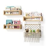 BBLIKE Nursery Book Shelves Set of 3 - Floating Shelves for Wall with Stuffed Animal Net, Wood Wall Mounted Shelves, Hanging Nursery Furniture for Toy Storage and Playroom, Kids Room, Nursery Decor