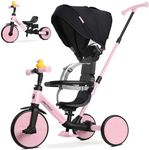 RIDYEE 8-in-1 Tricycle for 1.5-5 Years, Tool-Free Switch, Toddler Tricycle with Parent Steering Control Handle for 1.5 to 5 Yrs, Toddler Trike 1.5-3 Years with 5-Point Harness and Large Canopy, Pink