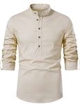 LucMatton Men's Retro Long Sleeve Henley Shirt Mandarin Collar Tops for Pirate Medieval Renaissance Halloween Cosplay Linen Khaki Medium