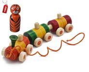 Channapatna Toys Wooden Train for 12 Months & Above Kids, Toddlers, Infant & Preschool Toys - Multicolor - with Attached String- Encourage Walking, Free Tiger peg Doll
