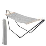 1x Grey/White Stripe 300cm x 72cm x 250cm Cotton Garden Hammock with Stand - Outdoor Patio Hanging Swinging Adult Hammocks - By Harbour Housewares