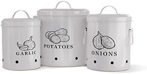 KooK Potato, Onion & Garlic Kitchen Storage Canisters, Rustic Farmhouse Containers with Aerating Holes, Vintage Vegetable Tins, Set of 3, 5 Liter, 2 Liter & 1 Liter (Slate Grey)