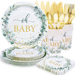 Gudvilla 168 PCS Sage Green Baby Shower Decorations, Baby Shower Plates and Cups and Napkins Sets Serves 24, Oh Baby Plates with Gold Dots for Boho Baby Girl Boy Neutral Baby Shower Decorations