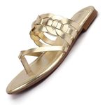 FAUSTO FST KI-499 GOLD-39 Women's Gold Shiny Sleek T-Strap Flower Design Slipper with Cushioned Footbed|Flat Slipper for Party|Office Wear|Weekend (6 UK)