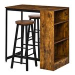 HOMCOM 3 Piece Industrial Style Bar Table Set, Pub Dining Table Set Bar Height Table and 2 Stools with Storage Shelf for Kitchen, Living Room, Rustic Brown