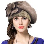 Lady Wool French Beret Angola Knit Beanie Skull Cap Winter Hats (Floral-Brown)