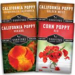 Survival Garden Seeds Poppy Collection - California, California Golden West, California Mikado, and Red Corn Poppy Varieties - Non-GMO Heirloom Seeds - California Native Seeds - Wildflower Seeds