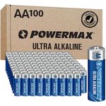 Powermax 100-Count AA Batteries, Ultra Long Lasting Alkaline Battery, 10-Year Shelf Life, Reclosable Packaging