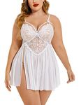 Avidlove Sexy Plus Size Lingerie for Women Lace Babydoll Nightgown Strap Chemise V Neck Sleepwear Mesh Nightwear Side Slit Nightie White