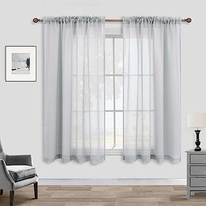 Gray Curtains 45 Inch Length for Kitchen 2 Panels Rod Pocket Neutral Elegant Light Filtering Airy Faux Linen Short Semi Sheer Curtains for Bedroom Bathroom Laundry Doorway Silver Grey 52x45 Long