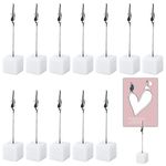 Memo Clip Holder, 12 PCS Picture Holder with Clips, Stand Wooden Card Table, Vertical Note Cube for Photos, White