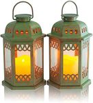 SteadyDoggie Solar Lanterns 2 Pack Green - Hanging Solar Lights with Flickering Candle LED - Retro Ornate Hanging Solar Lantern with Handle