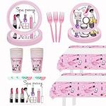 122pcs Spa Birthday Party Tableware Kit, Makeup Birthday Party Decoration, Spa Day Plates Napkins Cups Forks Table Clooth Tableware Set for Girls Birthday Party Supplies - 20 Guests