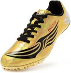 Men Women Kids Track and Field Shoes Professional Racing Running Sneakers Sprint Sport Shoes, Gold, 11