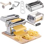 VonShef Manual Pasta Machine, Professional Stainless Steel Pasta Maker with Three Adjustable Crank Rollers & Nine Thickness Settings, Includes Secure Clamp, Pasta Cutter & Spaghetti Measurer