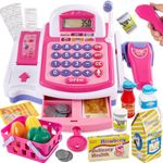 BUYGER Kids Toy Till Cash Register with Receipt Printer Scanner, Children Shopping Cashier Till Toy Play Set Supermarket Pretend Role Play Game Gifts for Age 3 4 5+ Years Old Kids Girls Boys