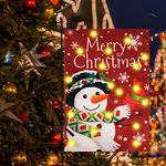 SUNBEAUTY Merry Christmas Lighted Garden Flag Solar Powered LED Flag Snowman Buffalo Plaid Welcome Flags Vertical Double Sided Burlap Yard Flag for Outdoor Yard Lawn Decorations 12.5 x 18 Inch