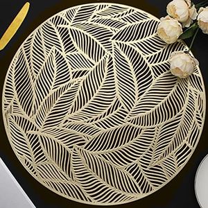 Mabbcoo Placemats Set of 6, Round Leaf Place Mats for Dining Table Hollowed-Out Pressed Vinyl Table Mats for Holiday Party Wedding Accent Centerpiece Dinner Table Decoration (Gold)