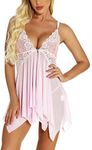 klier Lingerie for Women Lace Babydoll Sexy Chemise V Neck Mesh Sleepwear, Pink, Small