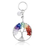 Jovivi 7 Chakra Tree of life Crystal Keyring Gemstone Healing Crystals Key Ring Women Silver ID Tag Car Keychain Tumbled Stone Beads Key Chain Men