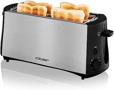 Cloer 3719 Long Slot Toaster for 4 Slices of Toast, 1380 W, Integrated Bun Attachment, Lifting Device, Crumb Drawer, Heat-Insulated Stainless Steel Housing, Black/Stainless Steel