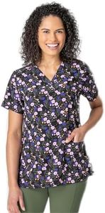 Wink Women's Fitted 3-Pocket V-Neck Print Scrub Top, Botanical Buds, Medium