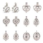 PH PandaHall 12pcs 6 Shapes Platinum Hollow Brass Bead Cages Pendant Aromatherapy Essential Oil Diffuser Locket Cage Charms for DIY Bracelet Necklace Earrings Jewellery Making