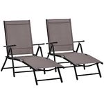 Outsunny Outdoor Set of 2 Lounge Chair, Folding Reclining Garden Sun Lounger with Metal Frame, Adjustable Backrest for Patio, Deck, and Poolside, Brown