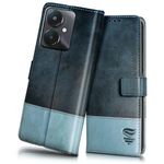 FLIPPED Vegan Leather Flip Case Back Cover for Xiaomi Mi Redmi 13C 5G | Redmi 13C 4G | Poco M6 5G | Poco C65 (Shock Proof | Hand Stitched | Card Pockets Wallet & Stand | Blue with Aquamarine)