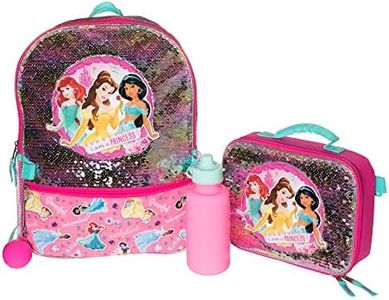 Disney Girls & Pre-school 4 Piece Backpack Set, Flip Sequin 16" School Bag with Front Zip Pocket, Pink Princess, Large, Princess 4 Pc Backpack Set