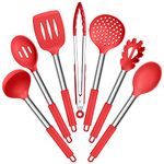 E-far Silicone Cooking Utensils Set, 7 Pcs Heat Resistant Kitchen Utensils with Stainless Steel Handle, Slotted Turner, Spoon, Soup Ladle, Pasta Server, Skimmer, Tongs for Nonstick Cookware, Red