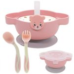 SNOWIE SOFT® 4Pcs Baby Plates for Baby with Cover, Fork, PriSpoons and Straws, Food Grade PP Suction Cup Bowl Set, Self Feeding for Toddler, Dishwasher & Microwave Safe, BPA Free