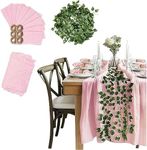 Cheesecloth Table Runner Set - Pink Boho/Rustic Style - 118 x 35 inch Runner with 12 Napkins & Rope Rings and a Garland - Ideal for Weddings, Baby & Bridal Showers, and Table Decor - Heath & Stone