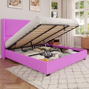 King Size Lift Up Storage Bed Frame with 51" Tall Headboard, 2 USB Ports, Upholstered Corduroy Wingback Tufted Design, Wood Slats Support, No Box Spring Required, Noise-Free Bed Frame King, Purple