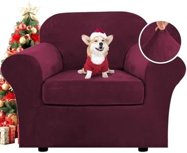 H.VERSAILTEX Rich Velvet Stretch 2 Piece Chair Cover Chair Slipcover Sofa Cover Furniture Protector Couch Soft with Elastic Bottom Chair Couch Cover with Arms Width Up to 49 Inch(Chair, Burgundy)