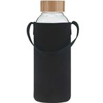 Ferexer 1.5 Litre Large Borosilicate Glass Water Bottle with Bamboo Lid with Neoprene Sleeve 1500 ml / 1.5 L Black