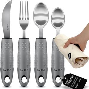 BunMo Adaptive Utensils for Elderly/Arthritis/Weak Hand Grip & Handicapped - Convenient Travel Pouch (4 Piece Set)