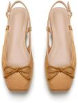 Lhamo Latso Brown Ballet Flats 1 Inch Low Block Heel Comfortable Ballerina Flat Bow Dressy Flats Shoes for Women Slingback Flat Satin 8.5