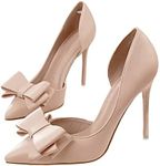 Womens Bow High Heels Closed Toe Dress Shoes Stiletto Slip on Wedding Pumps, Nude, 11