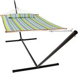 Sunnydaze Quilted Double Hammock with 15-Foot Steel Stand - 400-Pound Weight Capacity - Black Stand - Blue and Green