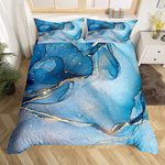 Blue Marble Duvet Cover Set King Size, Abstract Watercolor Marbling Bedding Set 3pcs for Kids Boy Girls Room Decor, Gold Glitter Comforter Cover Soft Polyester Quilt Cover with 2 Pillowcases